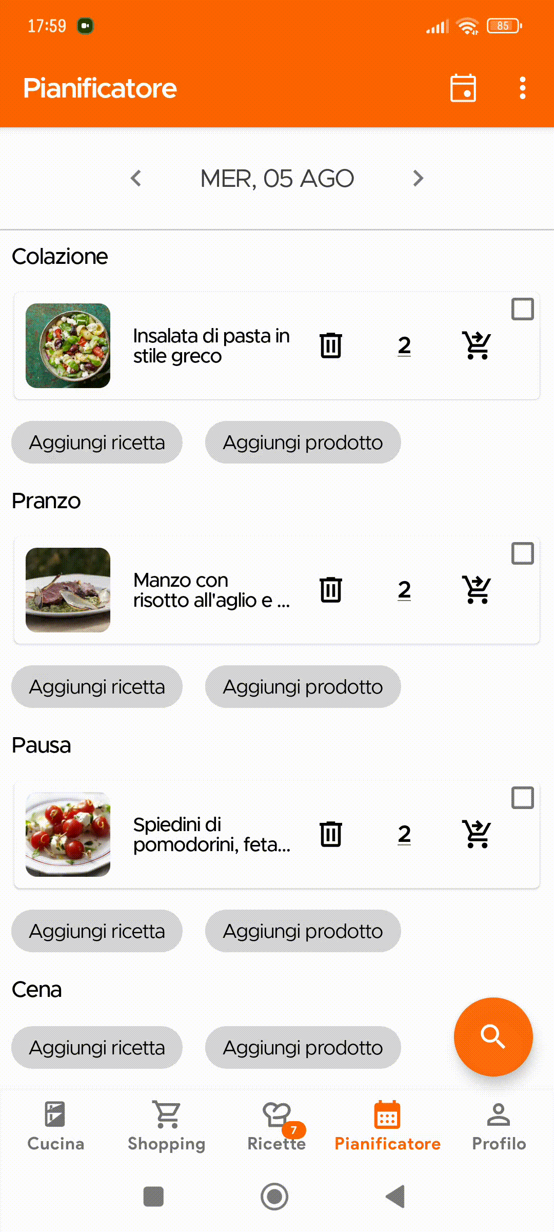 Copying planned meals to another date